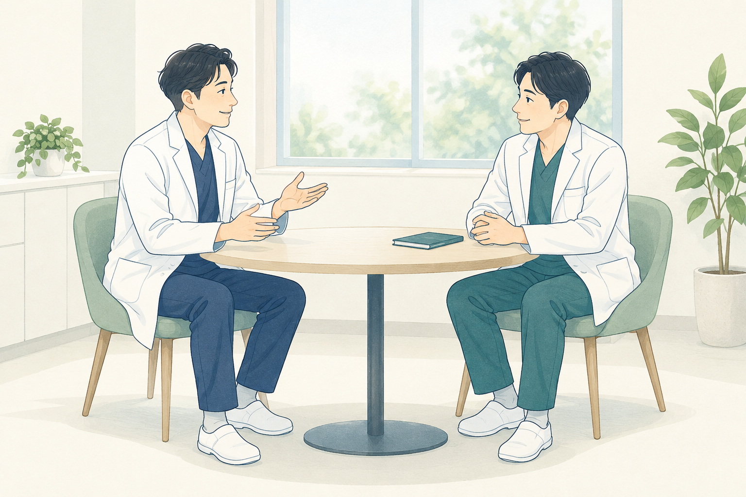 架空の医師2人が話す、対談写真の配置を示す仮のイラスト。実際の先生方や対談を描いたものではありません。